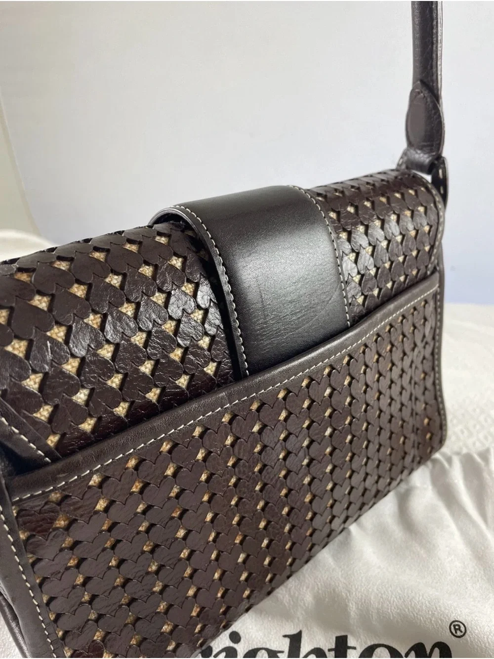 Brighton East West Leather Heart cut out woven Crossbody Bag - Dark Brown